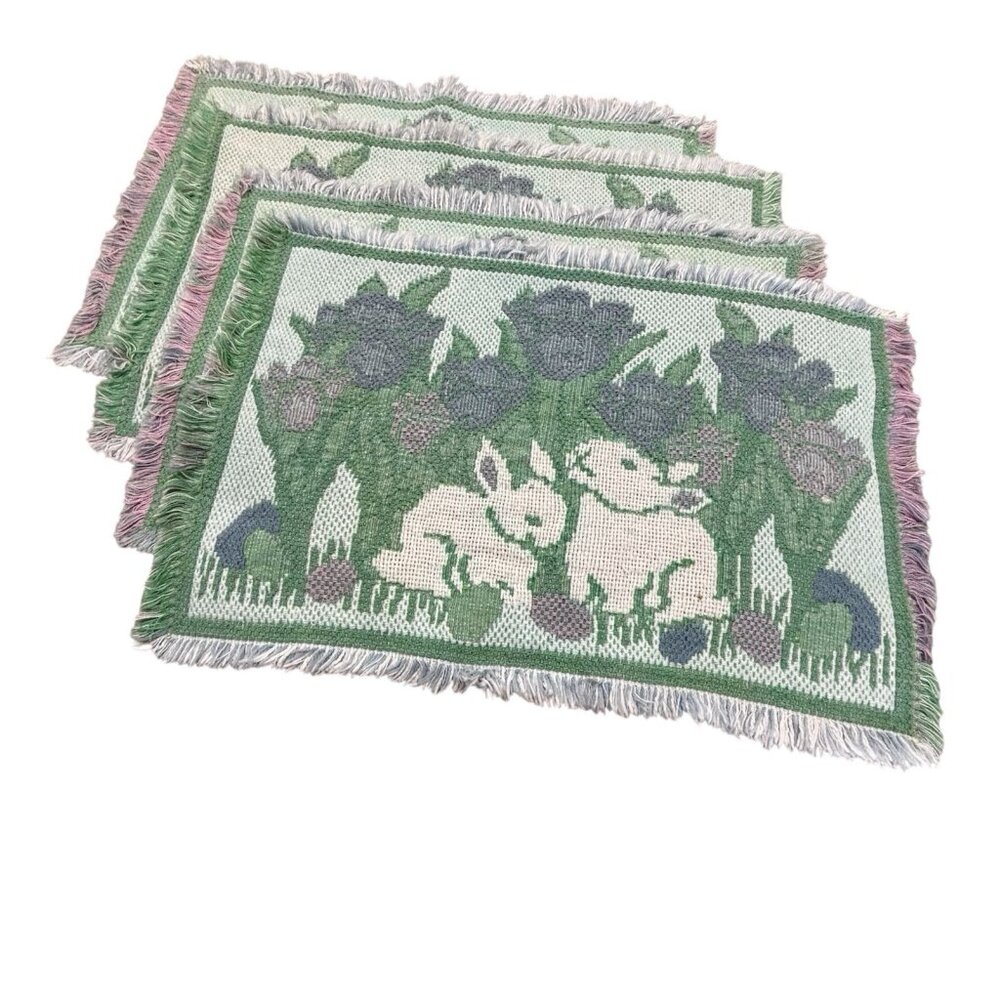 Vintage Easter Placemats Set of 4 Bunnies Rabbits Flowers Blue Green Tapestry